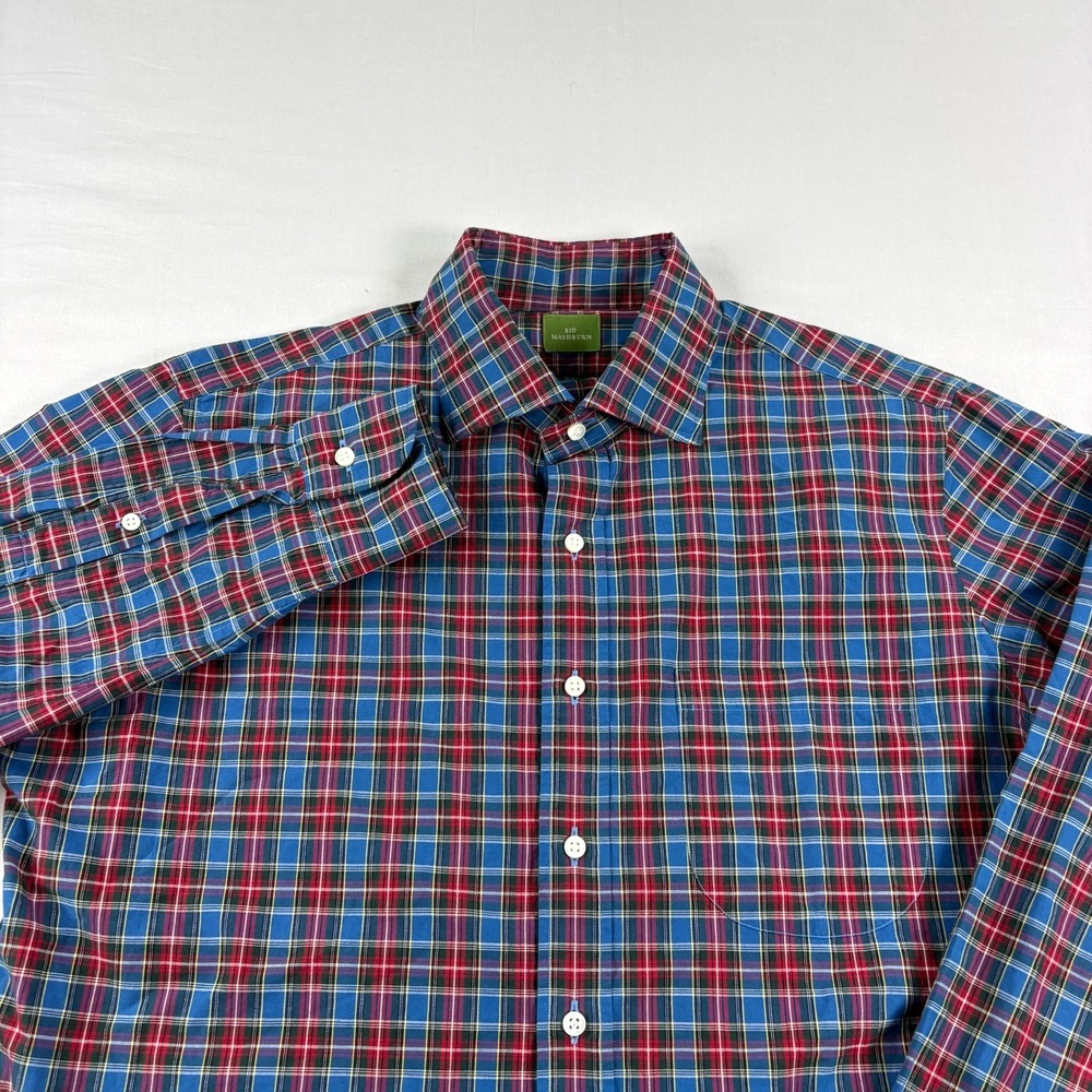 Sid Mashburn Shirt Men Medium Blue Red Plaid Button Up Long Sleeve Casual Formal